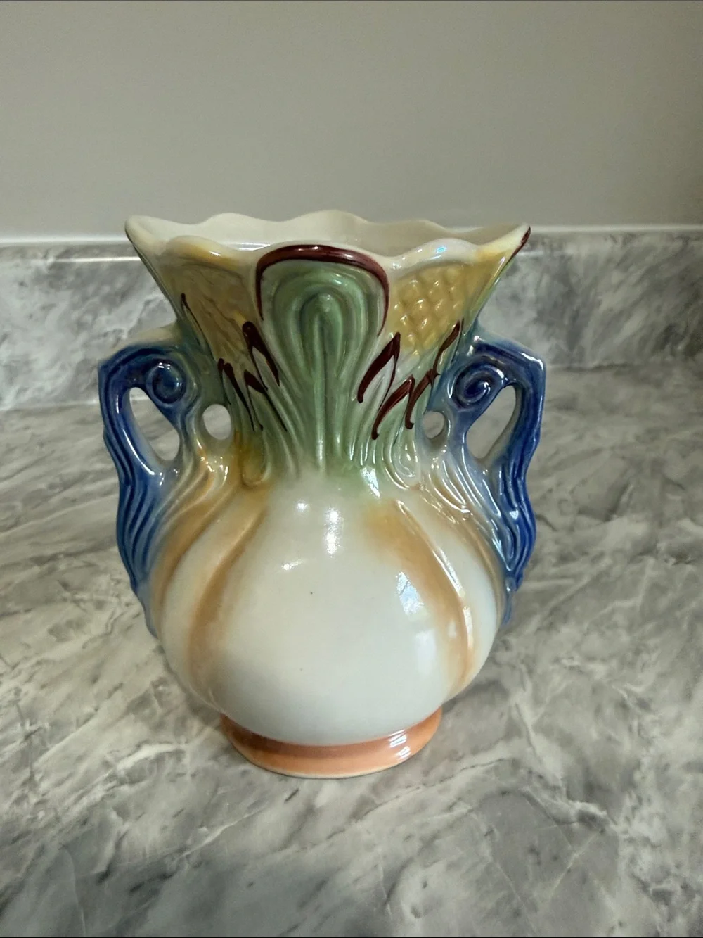 Vintage Made in Brazil Majolica Style Floral Ceramic Vase Blue Handles 5”